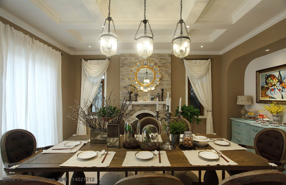 简约 餐厅 餐桌 装修 效果图 个性吊灯 灰色墙壁 木地板 台灯 装饰物品