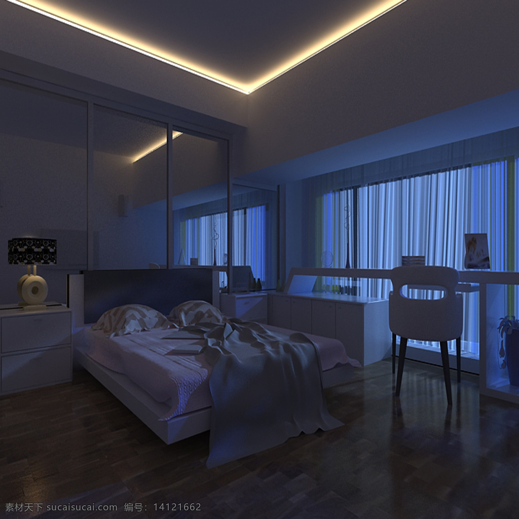 卧室 场景 风格 环境设计 简约 室内设计 现代 夜晚 装饰素材