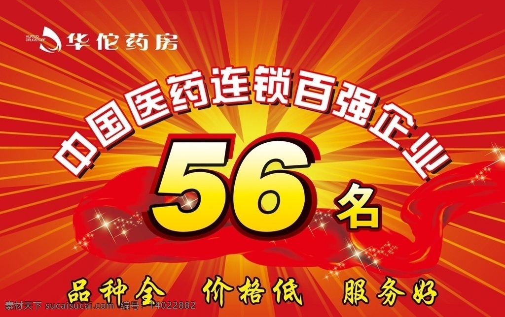 药房海报 56数字 华佗药房标志 华佗药房 喜庆底色 光线 飘带 海报 广告设计模板 源文件