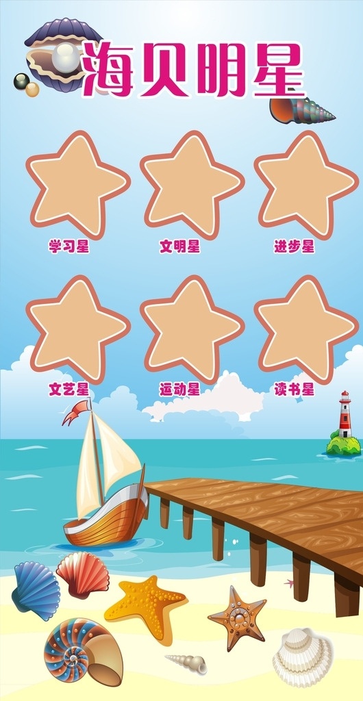 海贝明星 班级展板 海报 小学海报 小学 船 海星 贝壳 沙滩