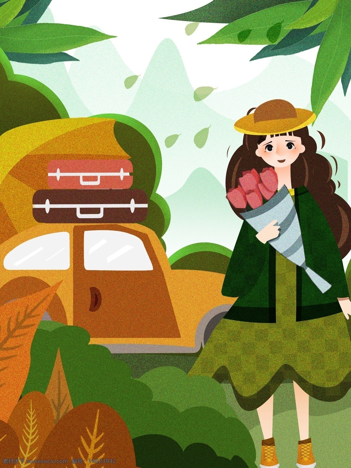 女孩 行李 小车 旅游 复古 肌理 插画 手捧花 车 外出 户外 旅行