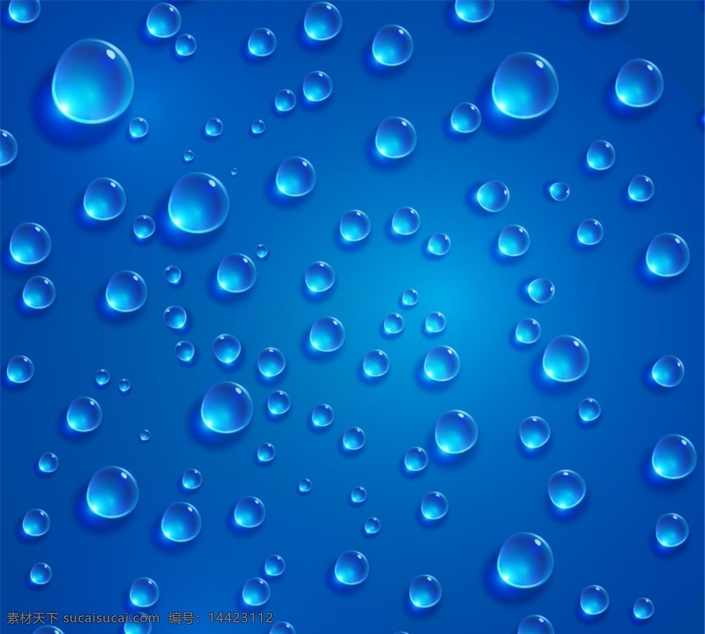 晶莹 水珠 蓝色 背景 矢量 水滴 透明 雨滴 矢量图