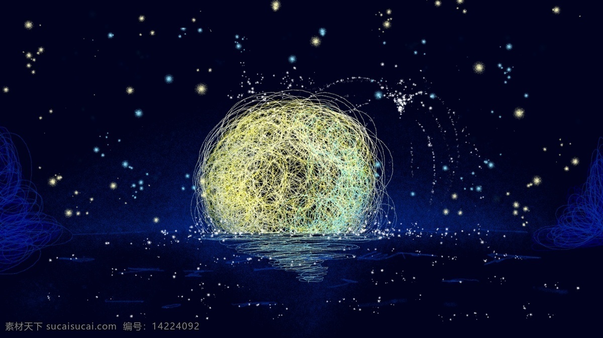 唯美 海 上升 明月 线圈 艺术 背景 蓝色 海报背景 卡通背景 星空 海上升明月 一轮圆月 广告背景 背景设计 手绘背景 手绘 banner