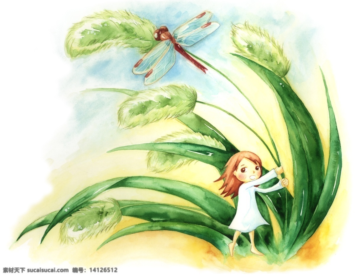 狗尾巴草 彩绘 设计素材 psd源文件 绿色 蜻蜓 小女孩 叶子 植物