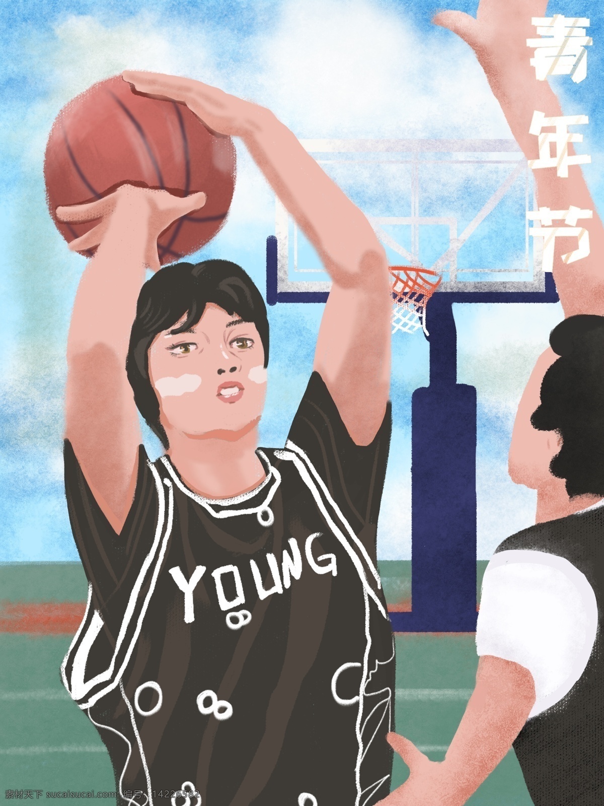 青年节 男 青年 篮球场 篮球 原创 插画 男青年 打篮球 运动 篮球框