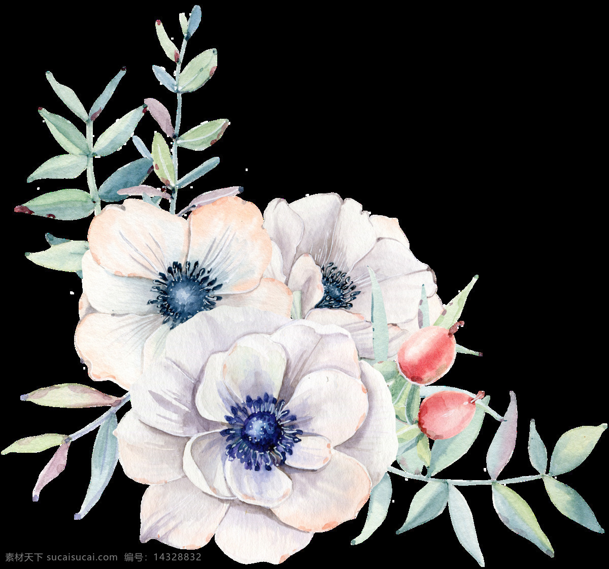 手绘 白色 茶花 透明 装饰 图案 树叶 绿色 蓝色 红色 花朵 装饰图案