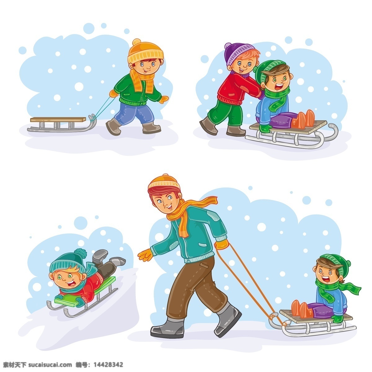 冬季 滑雪 玩耍 卡通 人物 集合 冬天 寒冷 帽子 棉衣 雪橇 孩子 父子 可爱 卡通男孩 儿童插图 动漫 动漫动画 动漫人物