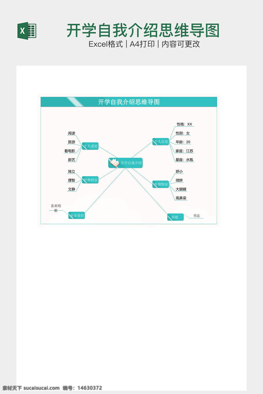开学 自我介绍 思维导图 学生 大学 个人信息 兴趣爱好 性格特点 学习目标 家庭背景 成长经历 生活习惯 未来规划 文档打印
