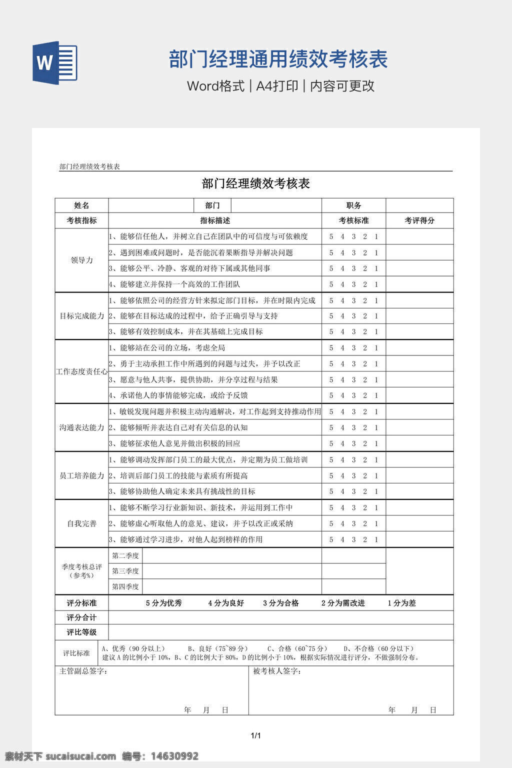 部门经理 绩效考核 考核表 word模板 绩效评估 员工管理 考核标准 工作表现 目标完成 领导力 沟通能力 团队协作 自我成长 绩效评分 人力资源管理