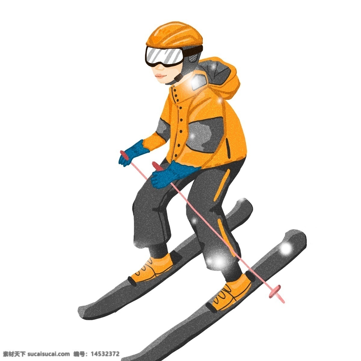清新 冬日 开心 滑雪 少年 唯美 雪花 手绘 大雪 下雪天 人物设计