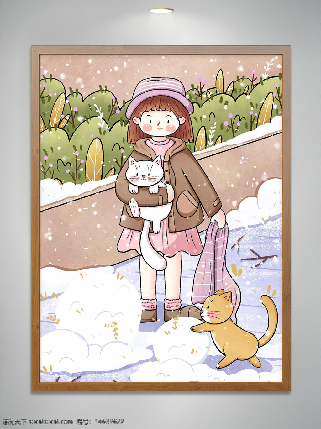 冬季主题 唯美雪景 可爱女生 小猫插画 堆雪人 动漫卡通 手绘风格 冬季场景 童趣插画 温馨主题 雪地场景 卡通人物 文艺简约 创意设计