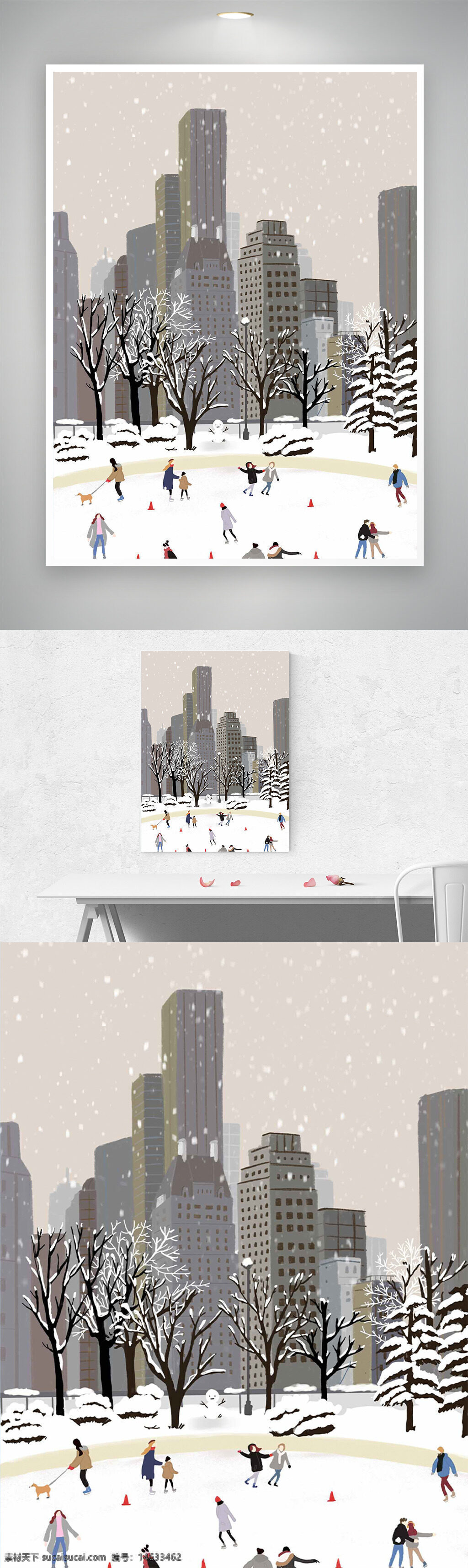 冬季插画 城市建筑 户外运动 卡通人物 冰雪景观 滑冰场景 雪景插画 创意插画 都市生活 公园场景 冰上运动 冬季活动 树木雪景 手绘风格