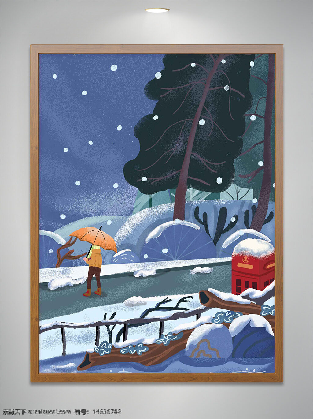 冬季插画 手绘风格 撑伞人物 森林漫步 雪景插画 夜晚场景 动漫卡通 冬日氛围 简约插画 积雪树木 寒冷季节 浪漫场景 红色邮筒 童话意境