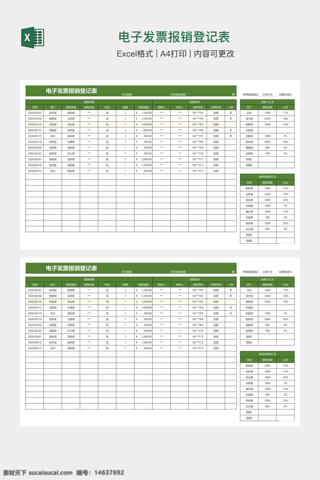 电子发票 报销登记 登记表 excel模板 办公表格 财务管理 数据记录 费用报销 发票管理 表格模板 a4打印 公司财务 记录文档 电子表格 财务报表