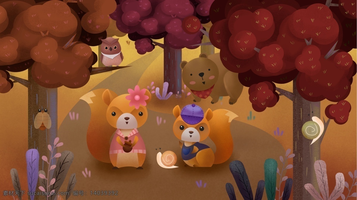 可爱 小 动物 秋日 私语 插画 森林 秋天 花草 树木 蜗牛 松鼠 知了 猫头鹰 熊 卡通