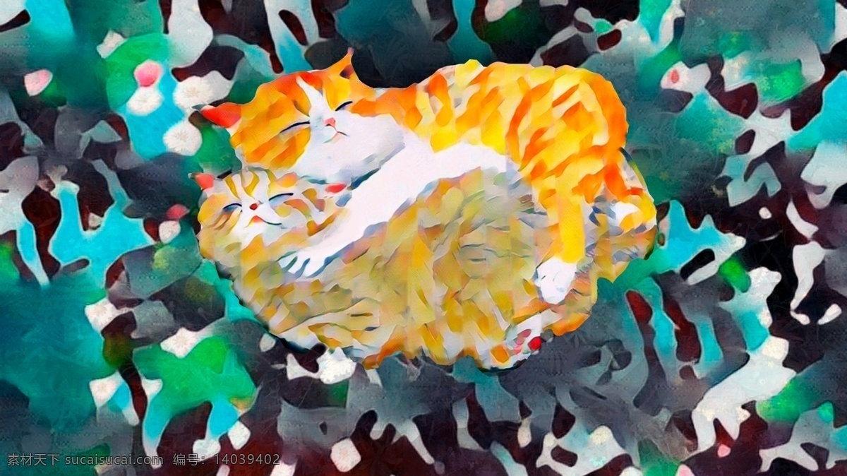 原创 插画 盛夏 夜晚 安 喵 情侣 猫咪 草丛 绿色 橙色 晚安