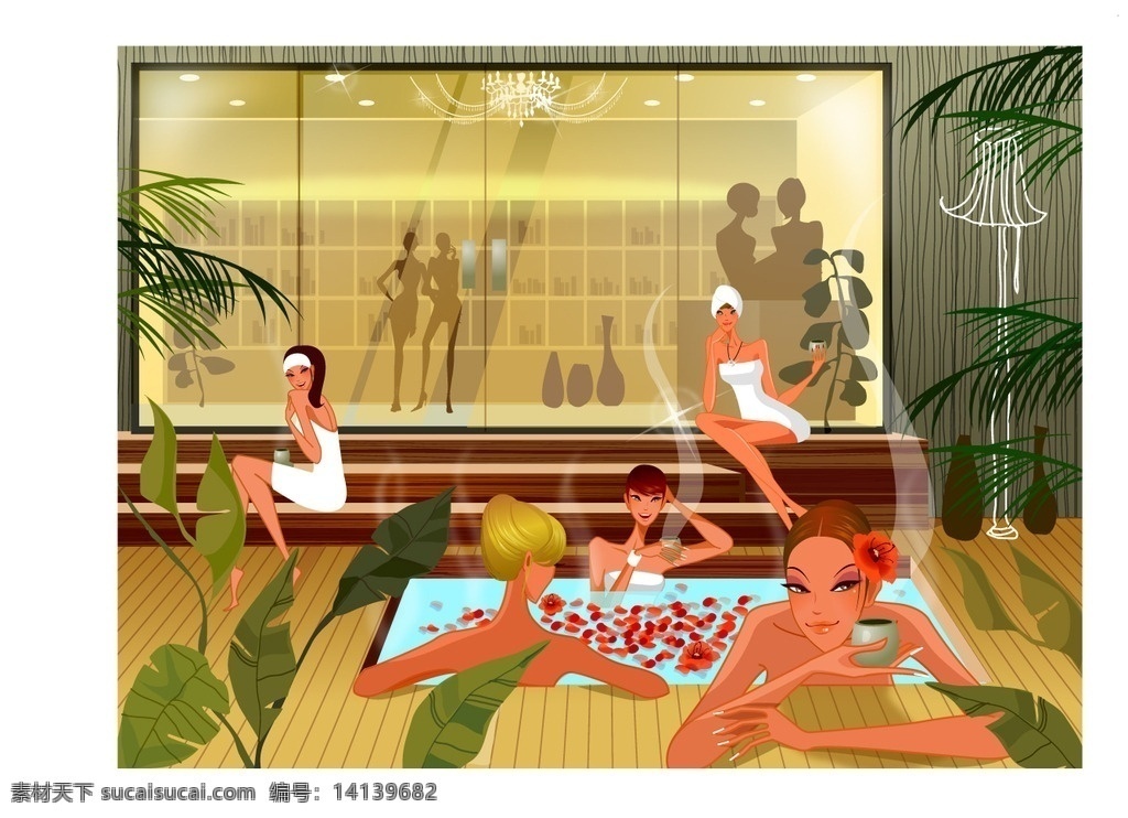 时尚 女性 泡 温泉 场景 插画 泡温泉 玫瑰花瓣温泉 桑拿洗浴场景 休闲娱乐 高贵时尚女性 优雅生活 时尚生活场景 贵族生活 休闲生活 都市生活女性 休闲生活场景 矢量 动漫动画 动漫人物