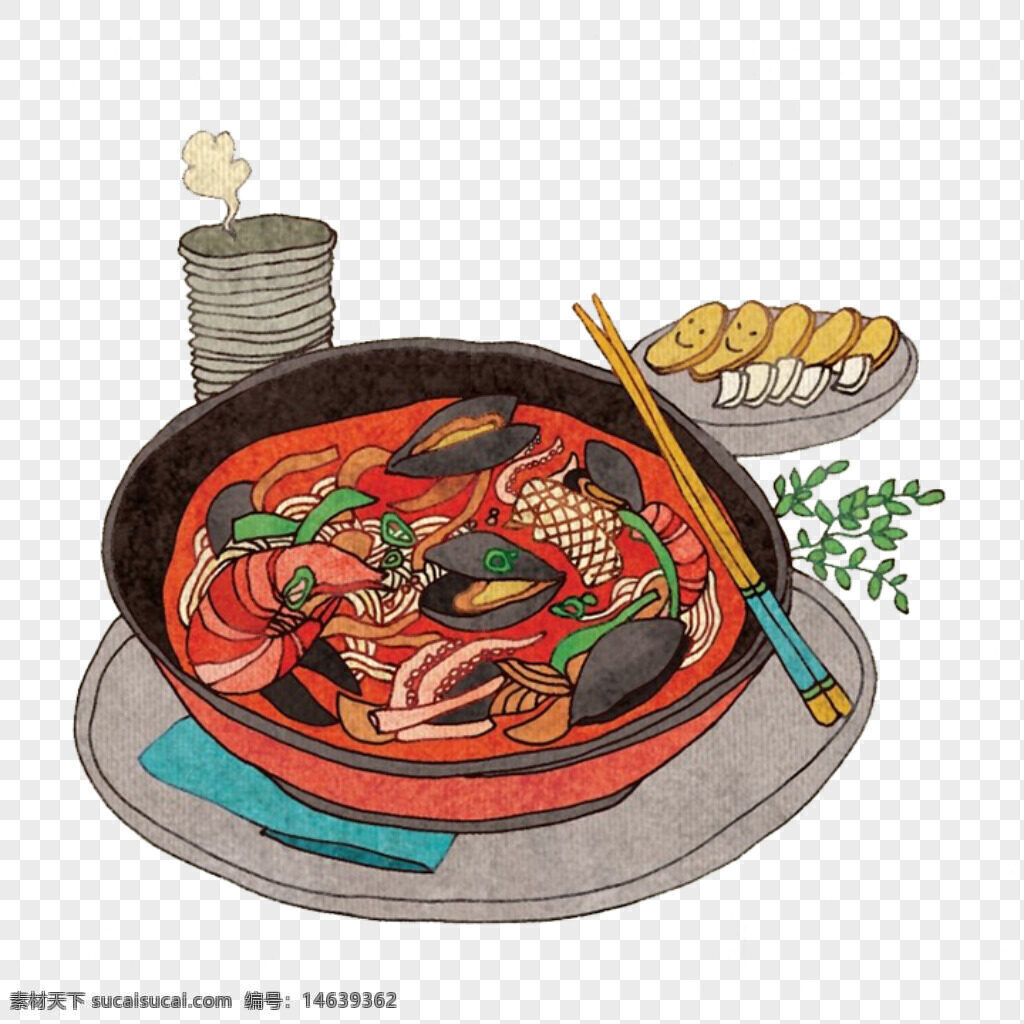 美食插画 手绘面条 红汤面条 海鲜面 鲍鱼 鱿鱼 大虾 热气腾腾 精致摆盘 中式美食 手绘风格 美味佳肴 汤面 餐饮艺术 温暖食物