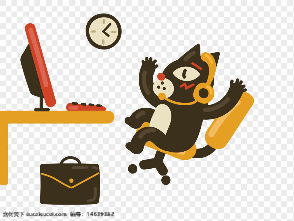 猫咪插画 办公场景 手绘风格 黑色猫咪 动漫卡通 语音交流 电脑办公 办公椅 办公桌 文件包 时钟背景 猫咪表情 黄色耳机 生活场景 工作状态