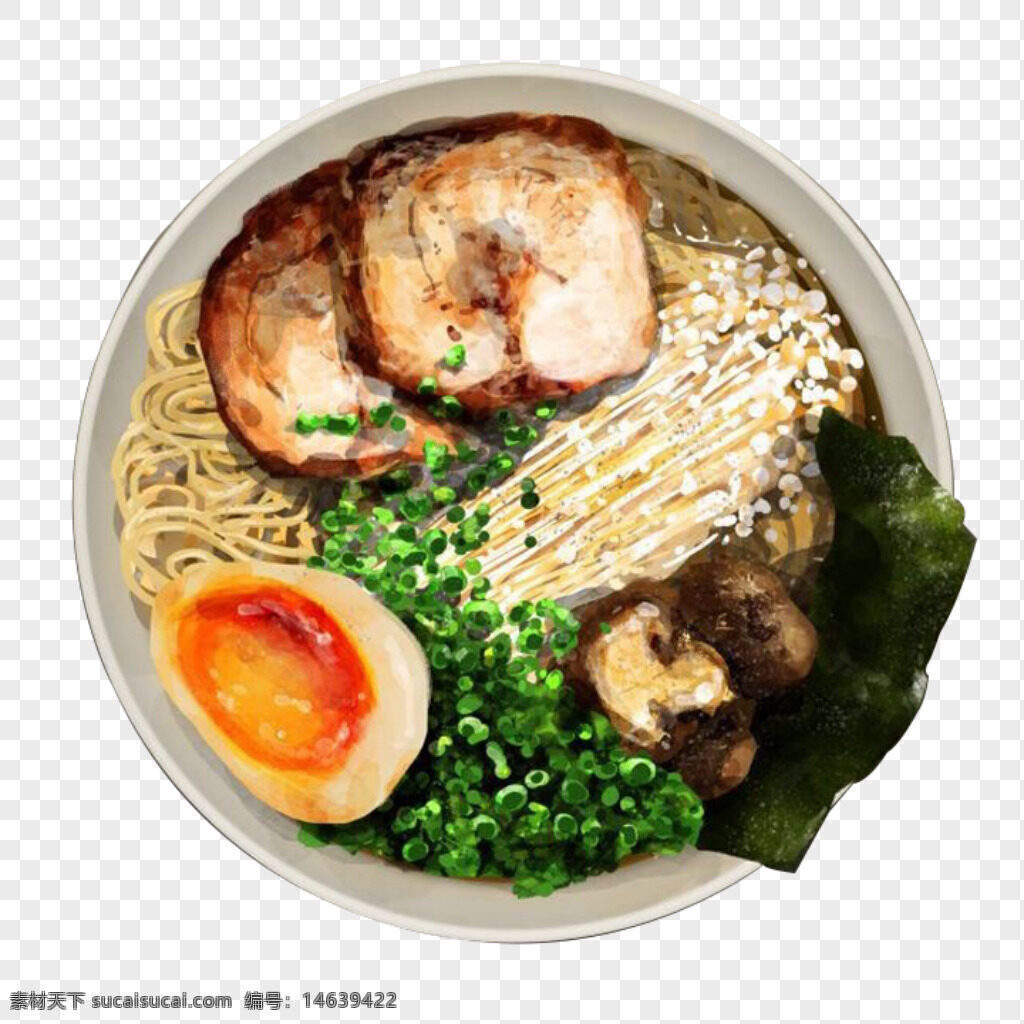 拉面 手绘 美食 插画 金针菇 叉烧肉 蘑菇 海苔 日式料理 免抠素材 美食插画 鸡蛋 汤面 面条 生活方式
