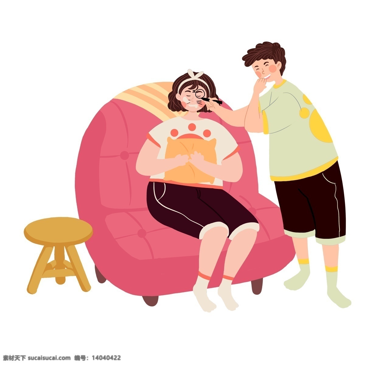 复古 手绘 玩游戏 小 情侣 插画 人物 小情侣 沙发 女孩 男孩