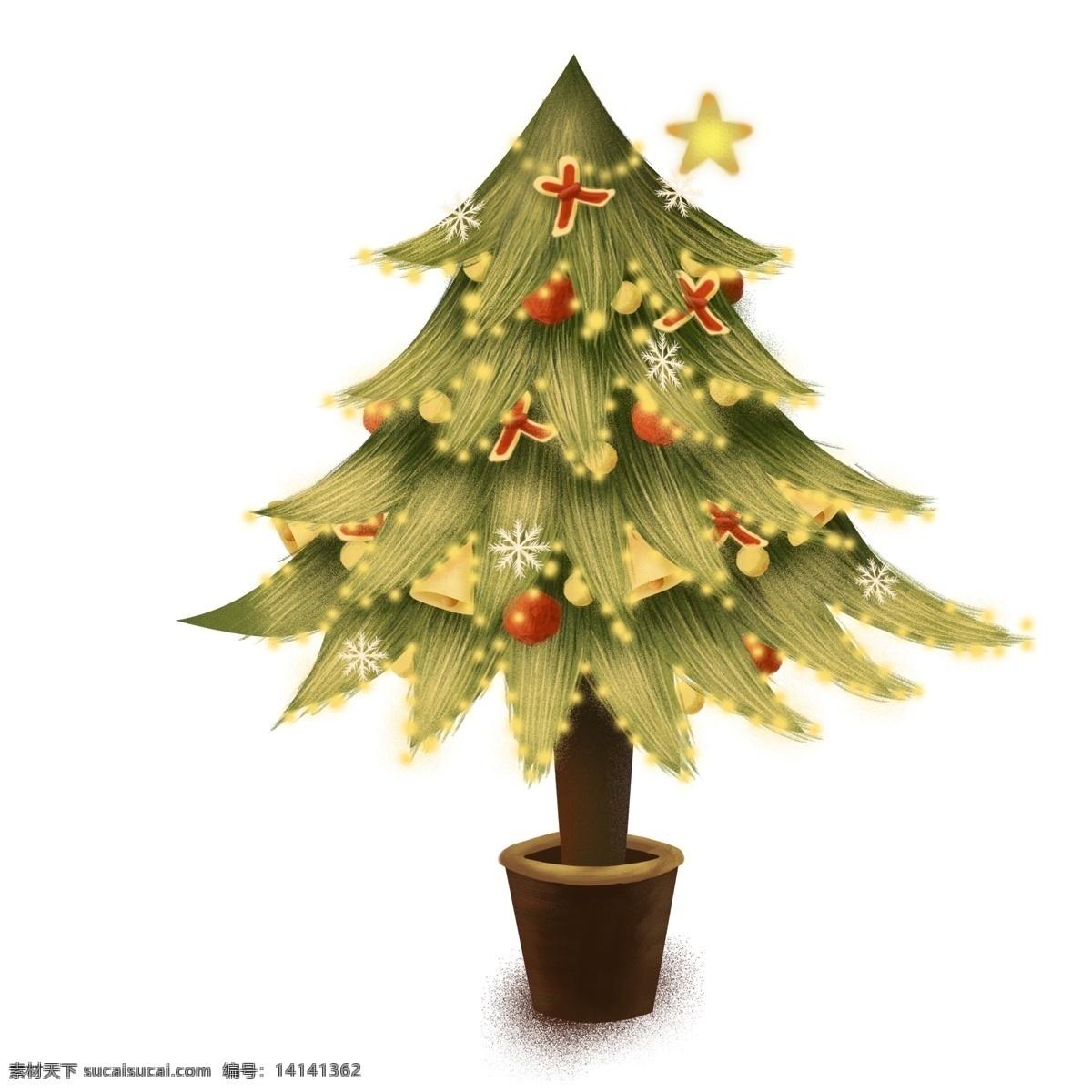 卡通 复古 圣诞树 元素 创意 圣诞节 插画 平安夜 盆栽 花盆