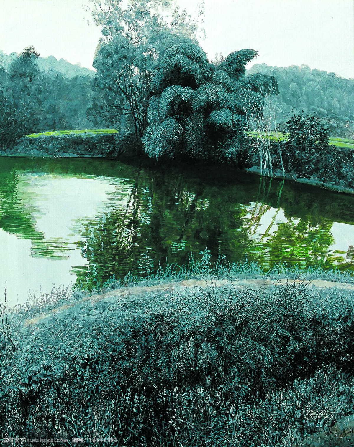池塘竹林 美术 油画 风景 乡野 水塘 竹要 乡道 文化艺术 绘画书法