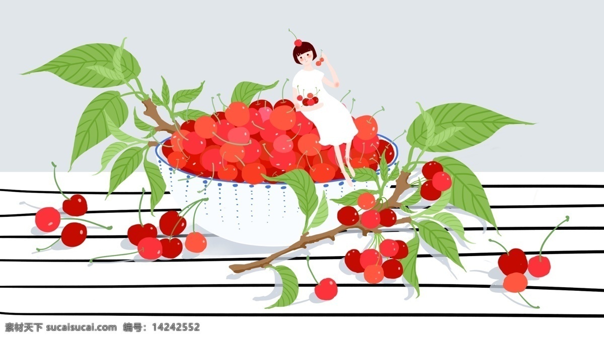 原创 小 清新 水果 系列 樱桃 小清新 女孩 手机壁纸 背景 夏天 吃樱桃的女孩 红色果子 配图 公众号配图