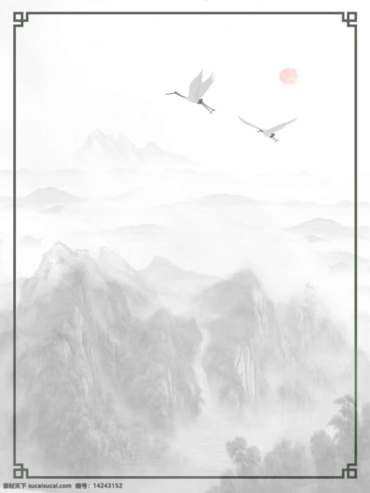 传统 中国 风 水墨 风景 山水 仙鹤 背景 中国风 复古