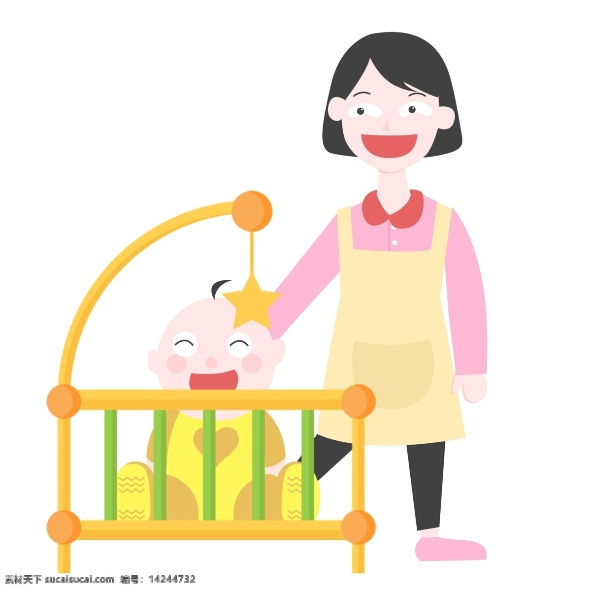 卡通 大笑 宝宝 插画 开心的宝宝 玩耍的宝宝 黄色 五角星 玩具 挂饰 年轻的妈妈 母婴 大笑的宝宝