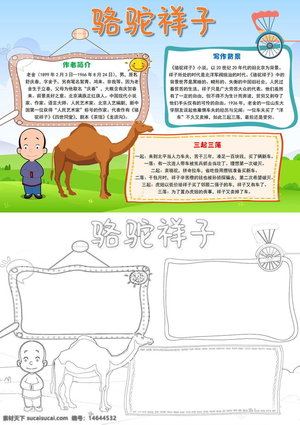 骆驼祥子 小说介绍 手抄报 经典名著 祥子形象 骆驼元素 可爱插画 精美排版 作者老舍 三起三落 故事情节 文化传承 人物命运 创意手 手绘风格