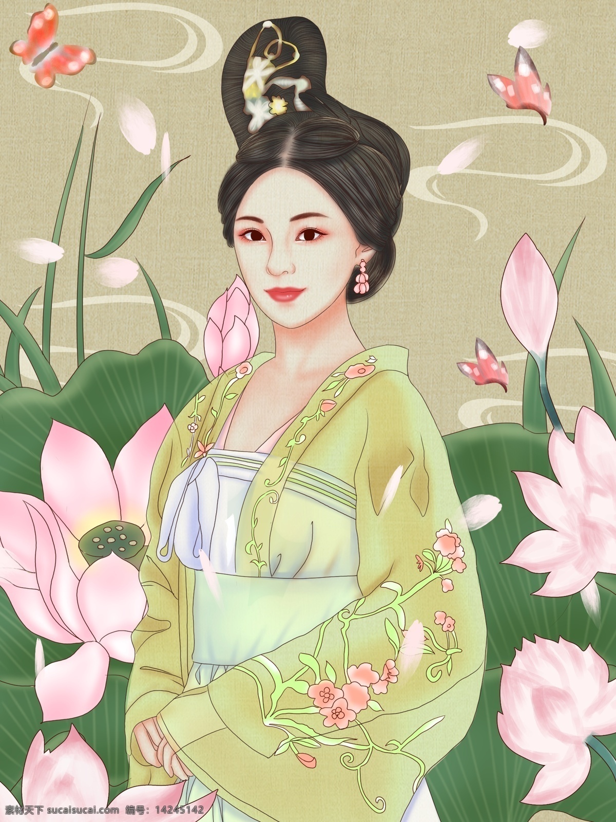 原创 手绘 插画 国 潮 古装 美女 中 国风 荷花 蝴蝶 原创手绘插画 国潮 中国风