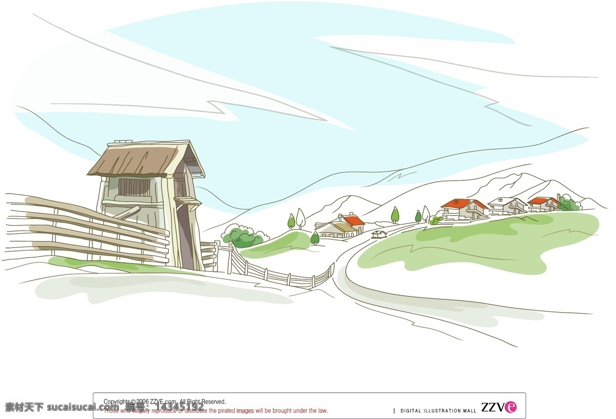 乡村农场风景 乡村 农场 矢量 插画 草地 木屋 蓝天白云 远山 树木 矢量插画 动漫动画 风景漫画