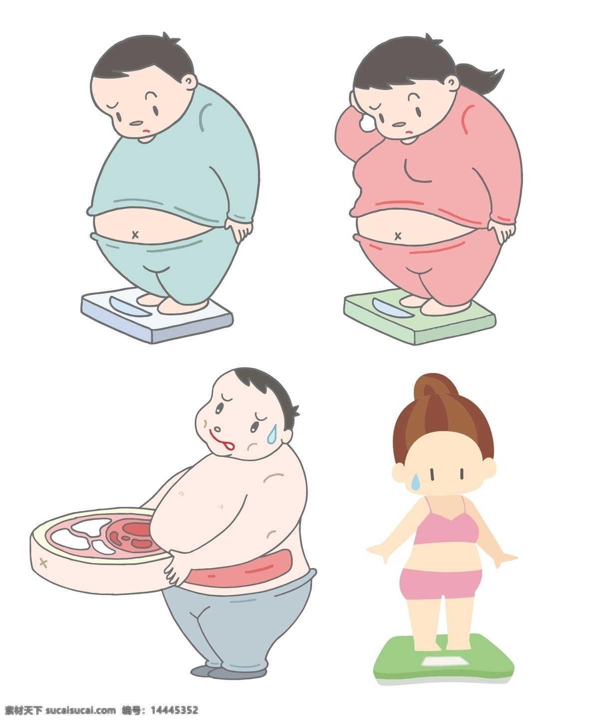 肥胖 人士 卡通 男孩 女孩 男生 女生 大肚腩 超重 称重 动漫卡通插图 动漫动画
