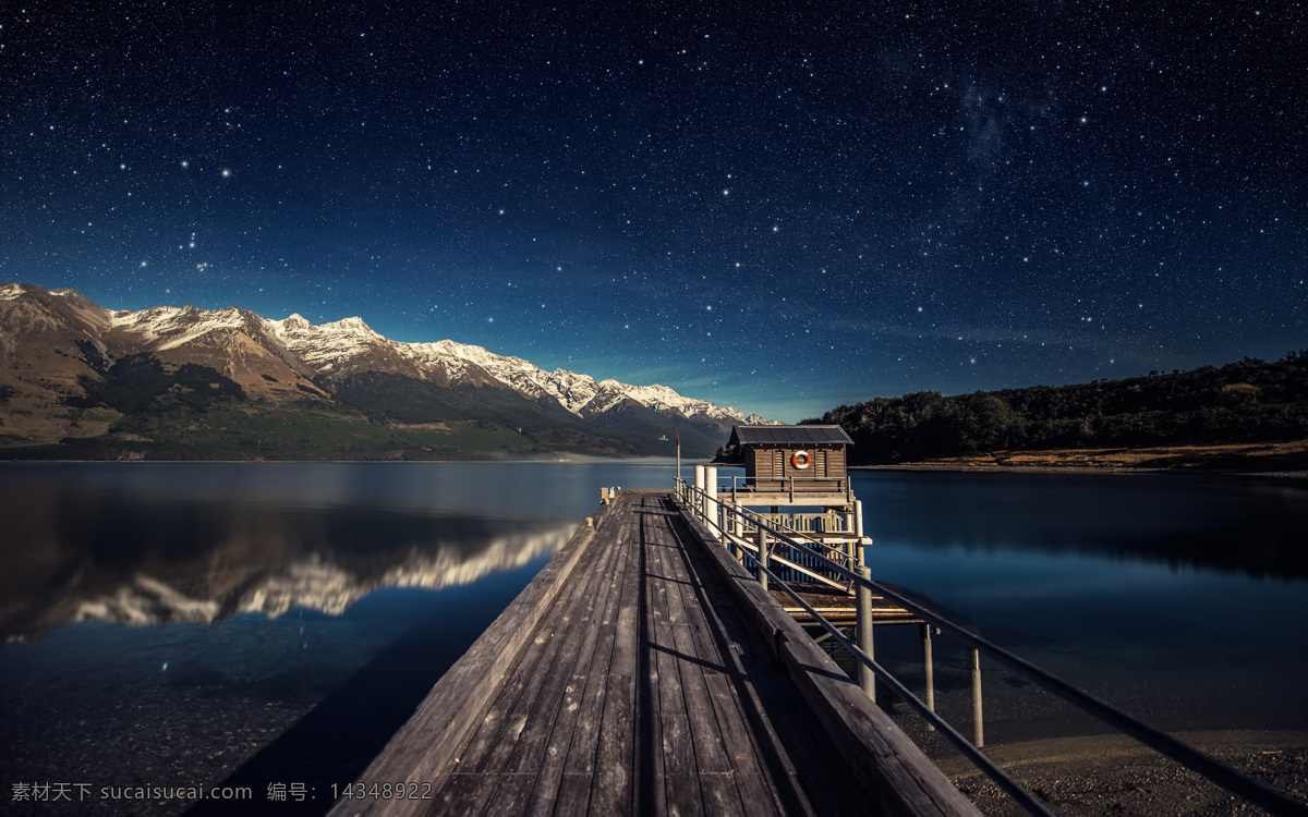 新西兰 星夜 夜晚 星星 星空 桥 雪山 湖 倒影 群山 森林 深蓝 繁星 国外 山水风景 自然景观