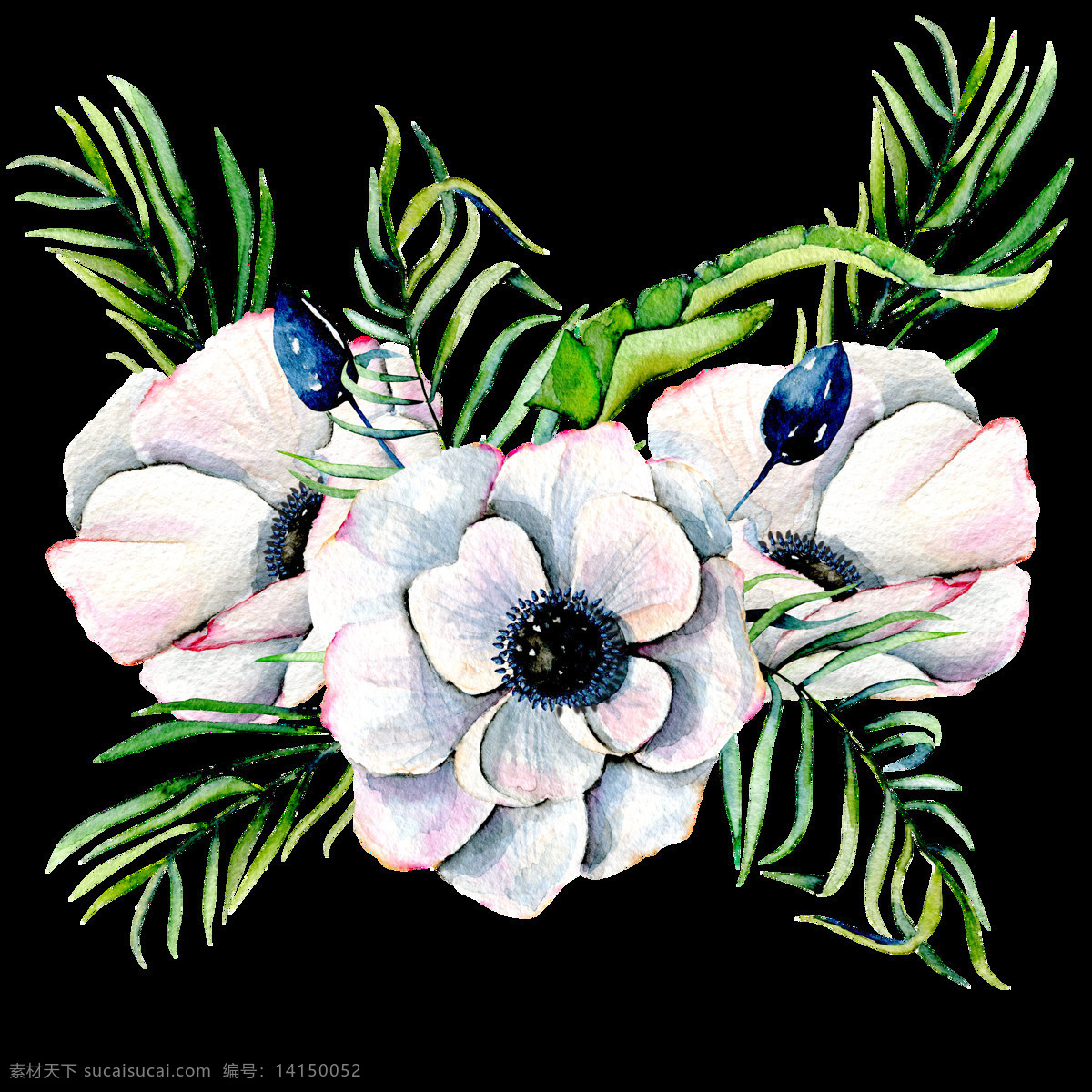手绘 白色 花 搭配 花苞 透明 贺卡花纹 绿色 免扣素材 水彩 透明素材 叶子 装饰图案