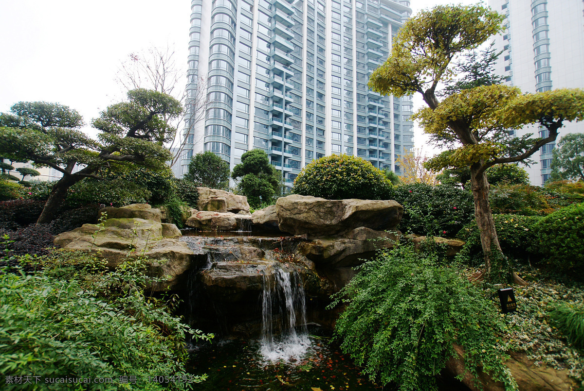 小区假山叠水 小区 假山跌水 造型植物 垂丝绿化 植物 石头 组 景 建筑园林