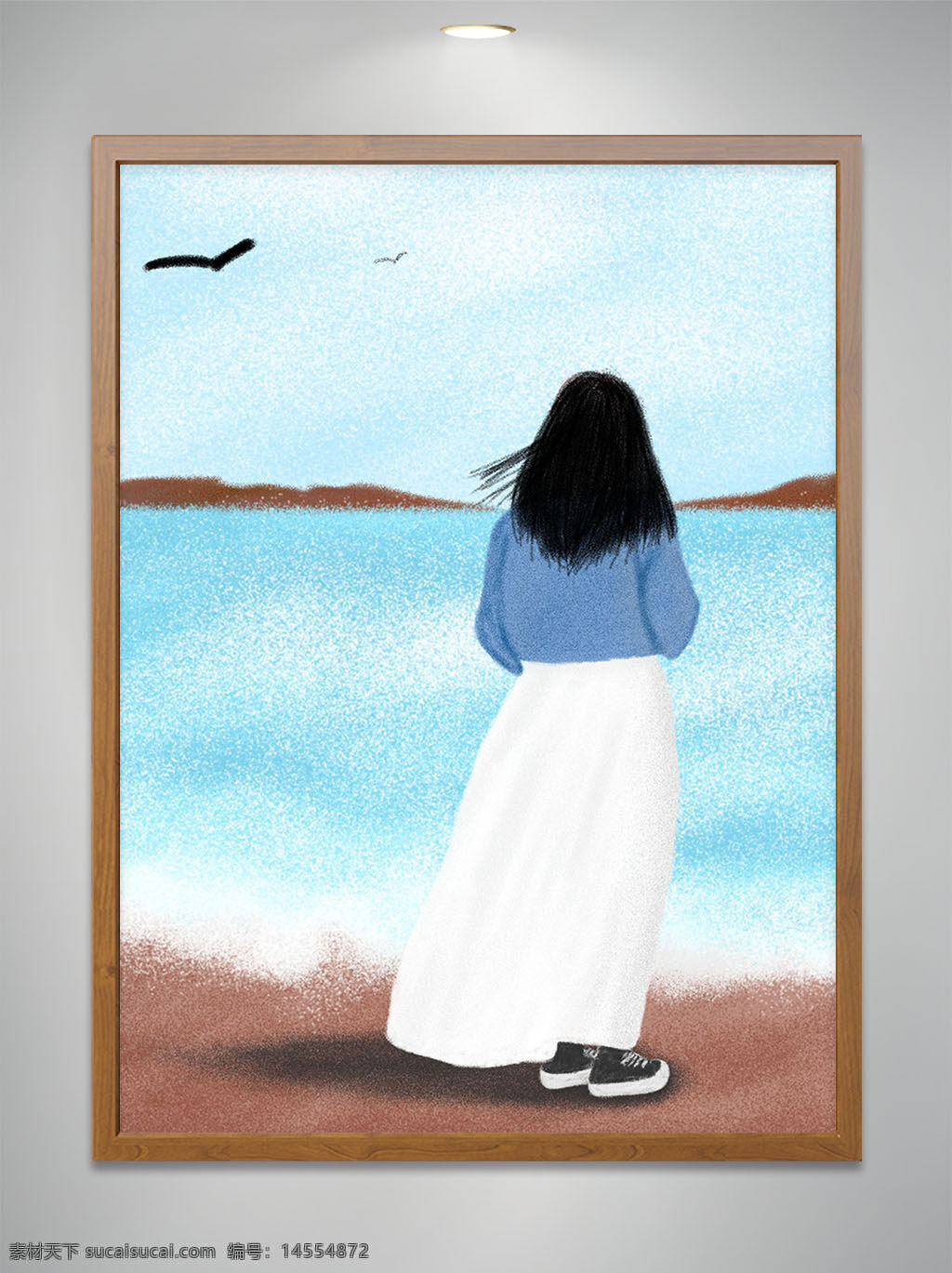 海边 看海的少女 少女背影 手绘 海边看海