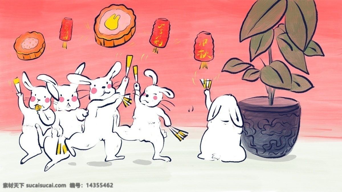 原创 手绘 中国 风 中秋 兔子 中国风 月饼 中秋节 庆祝