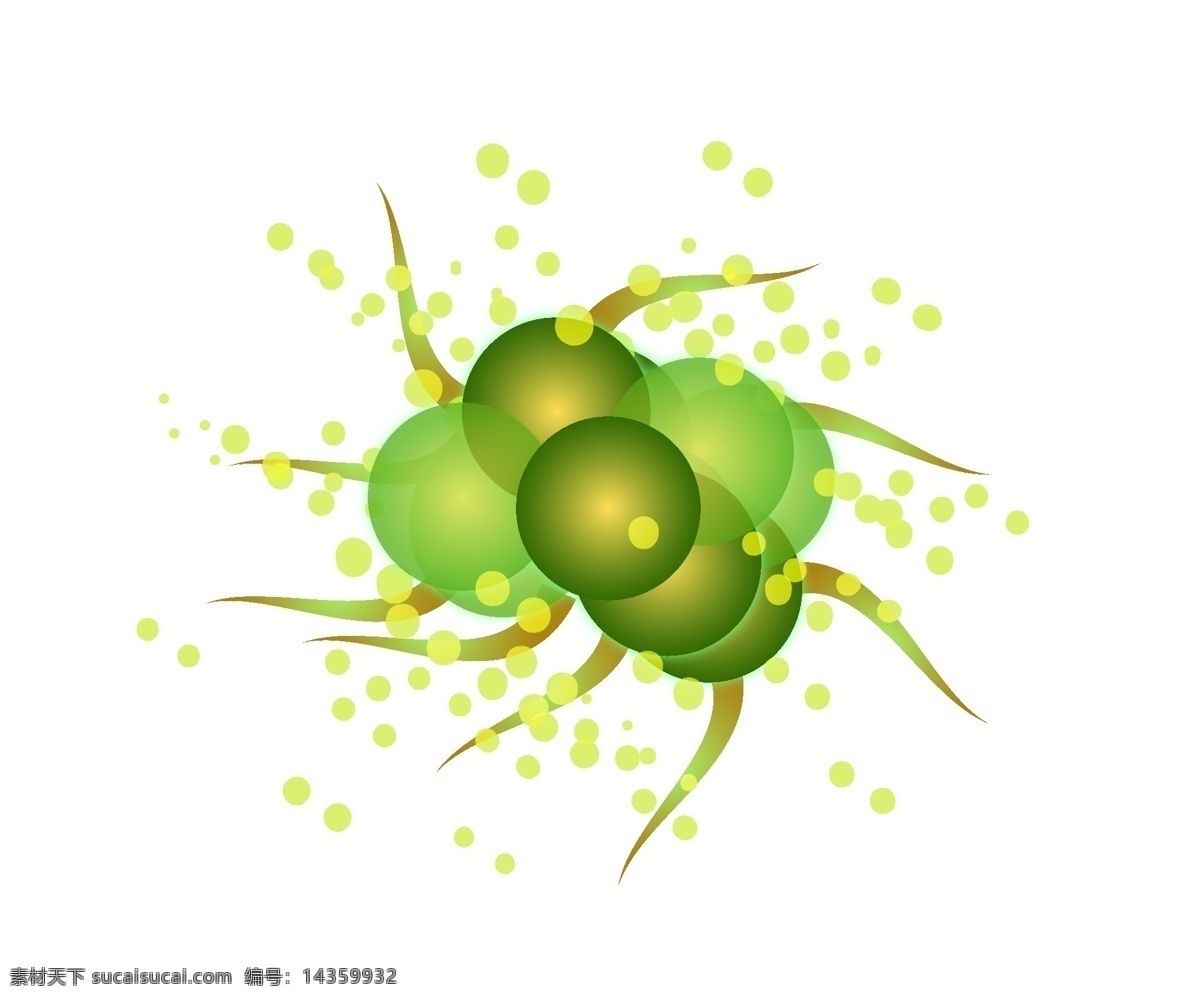 绿色 毛 球 细菌 插画 圆球细菌插画 绿色的细菌 绿色的触须 黄色的斑点 细菌插画 生物细菌插画