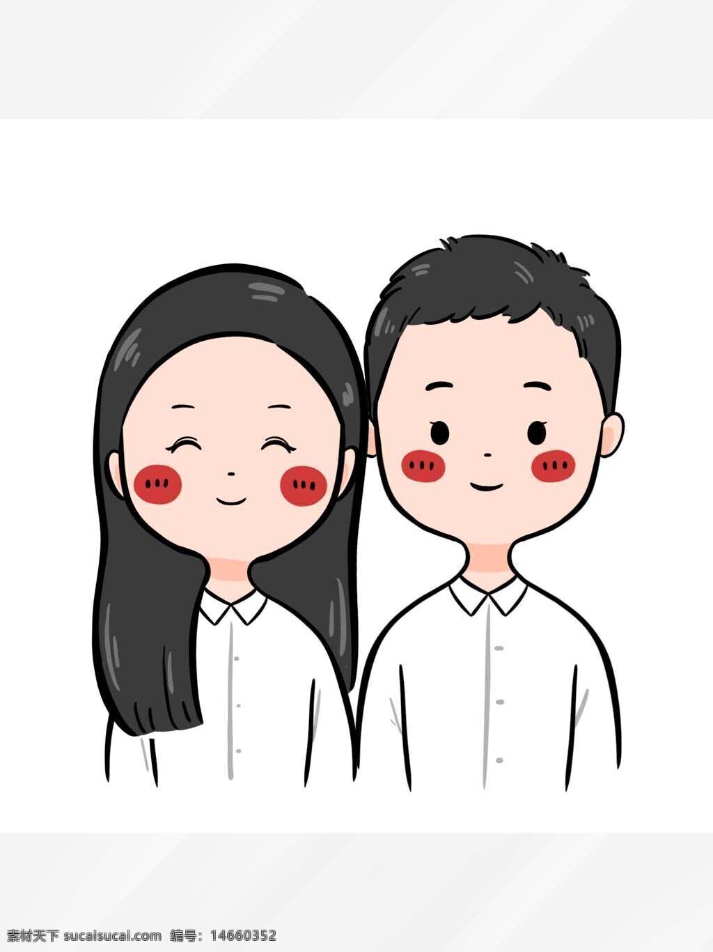 情侣头像 手绘插画 白衬衫 黑发 红脸 婚礼主题 恋爱表达 卡通风格 情感表达 简约风格 婚姻幸福 情侣形象 卡通情侣 爱情主题 婚礼素材