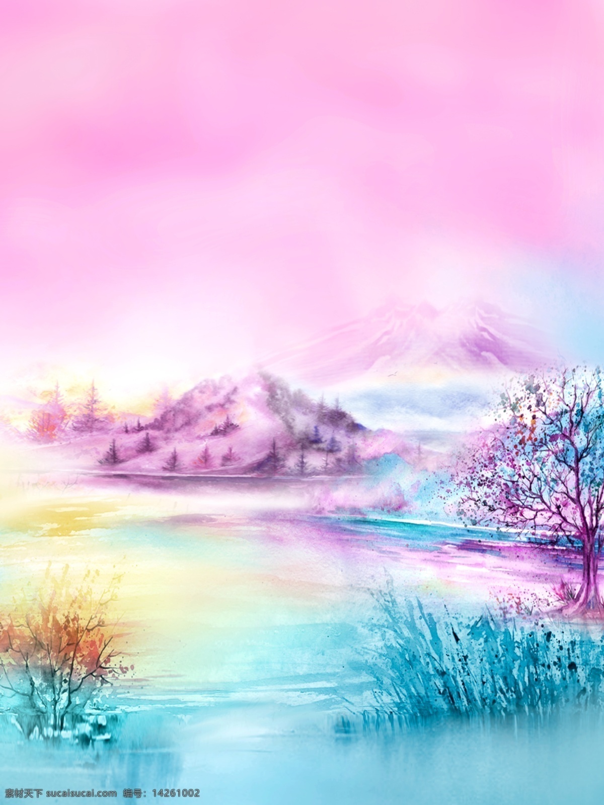 紫 蓝色 中国 风 手绘 山水 背景 图案 山 水 中国风 蓝 黄