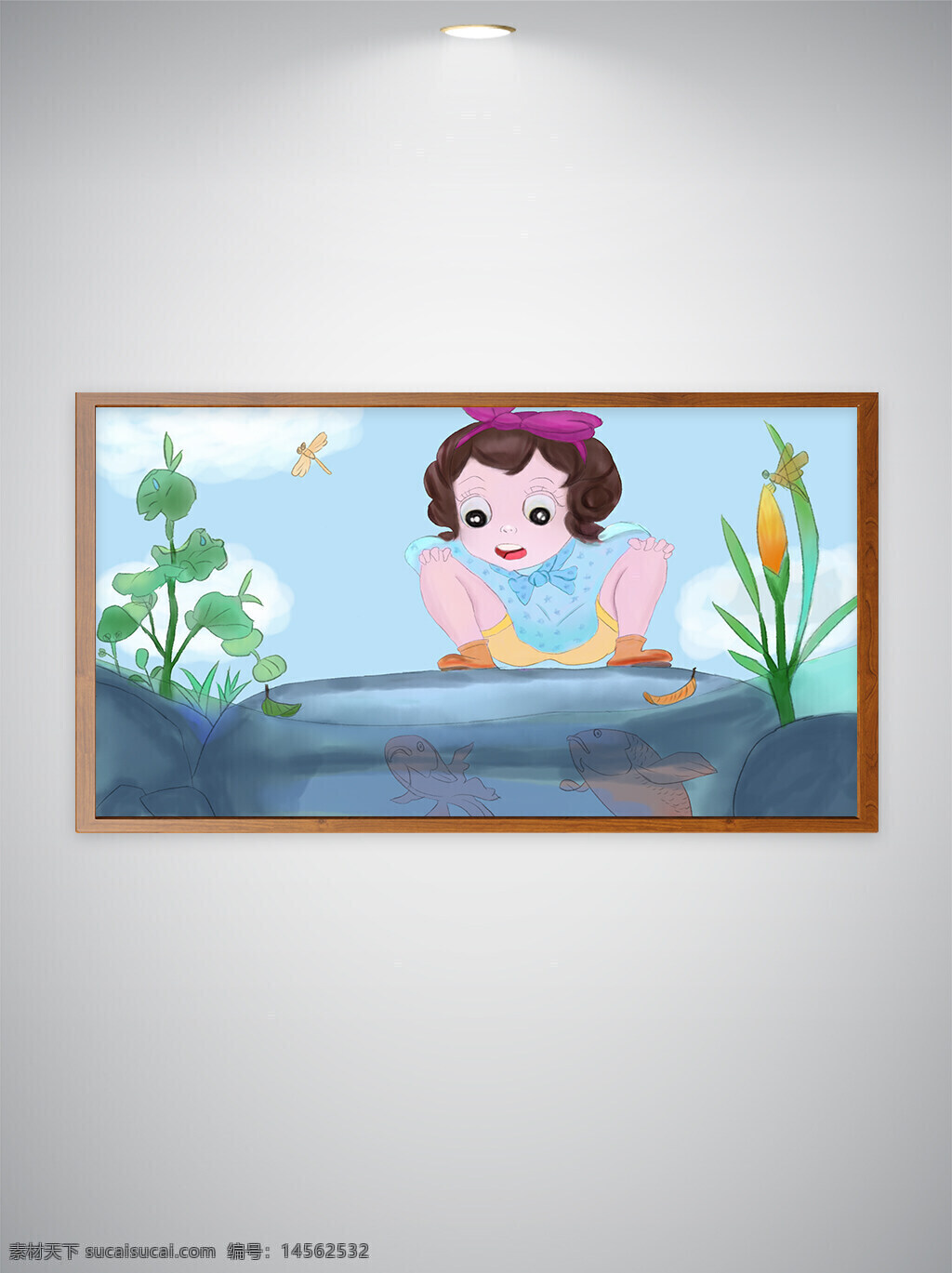 看鱼的女孩 卡通女孩 手绘金鱼 手绘植物 植物 金鱼 小女孩 蹲着的小女孩 池塘 石头