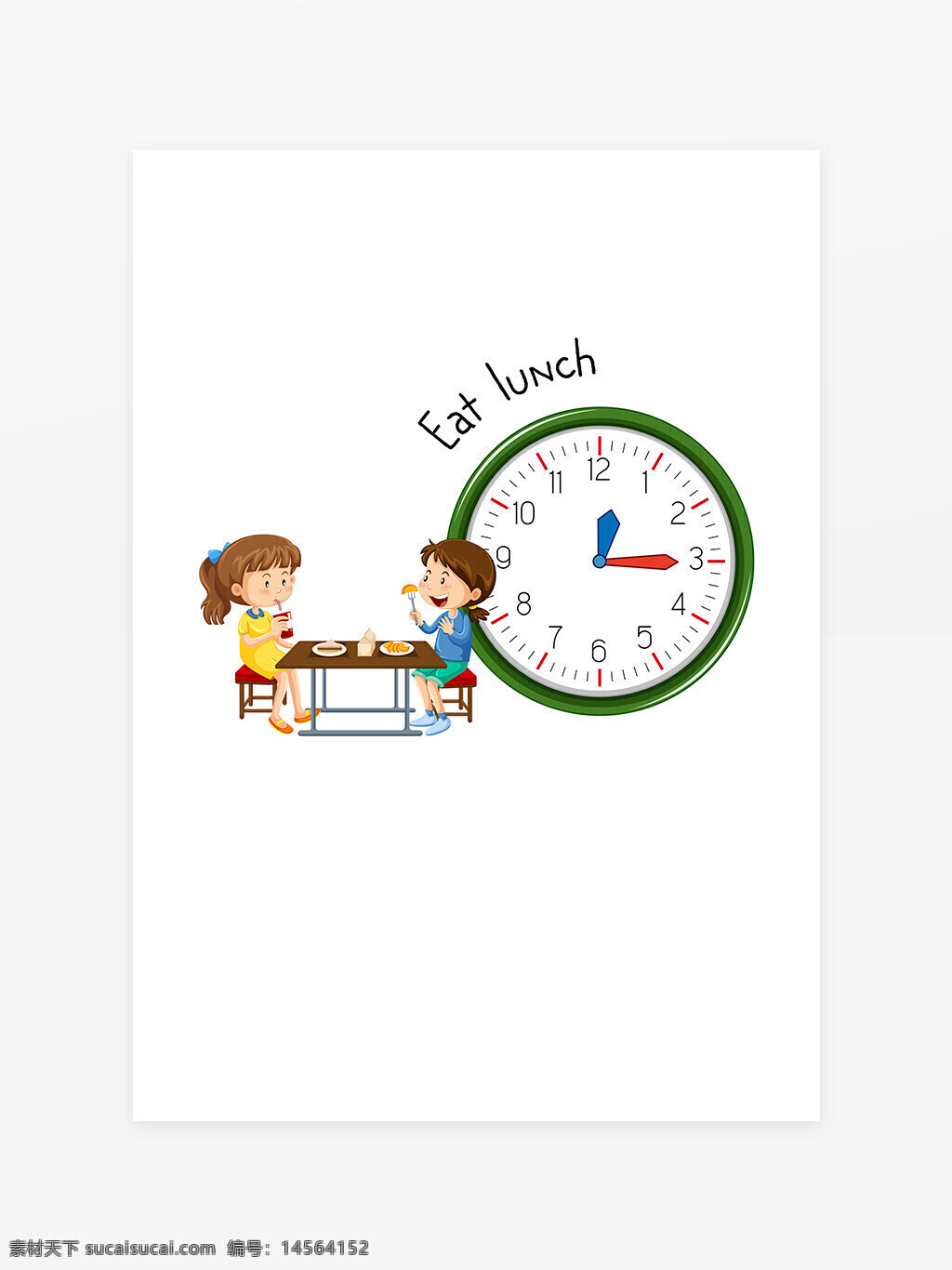 卡通作息安排示意图插画 小学生 表盘 钟表 吃午餐 eat lunch