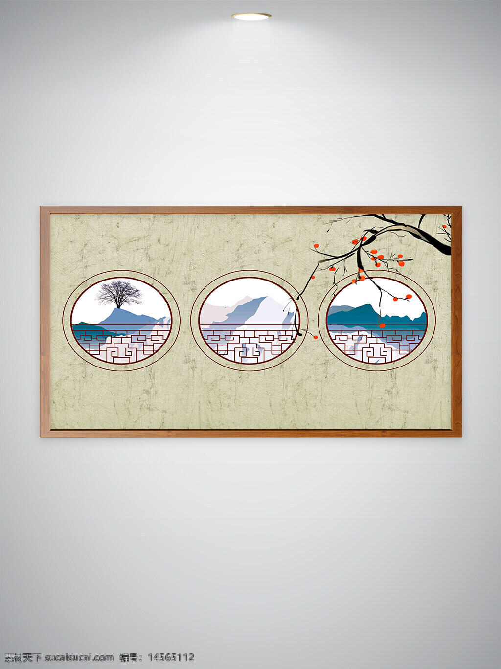 手绘山水中式背景墙 手绘山水 中式 背景墙 花鸟 窗格