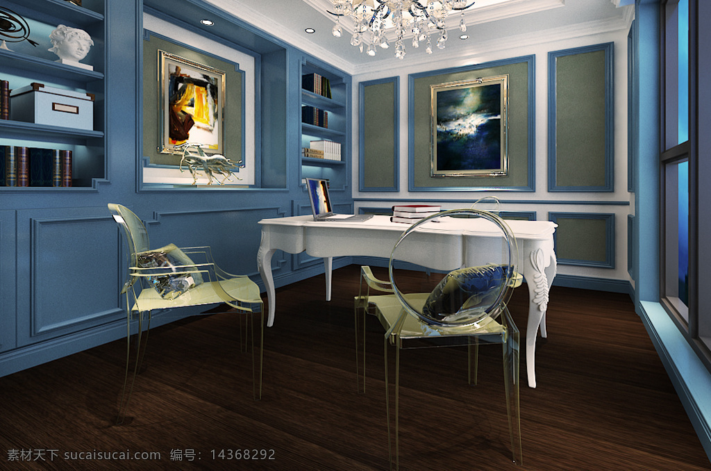 蓝色 系 办公室 书房 洽谈 接待室 欧式 白色书桌 装饰画 水晶吊灯 储物盒 相片相框 深色木地板 透明塑料椅子 白色造型线