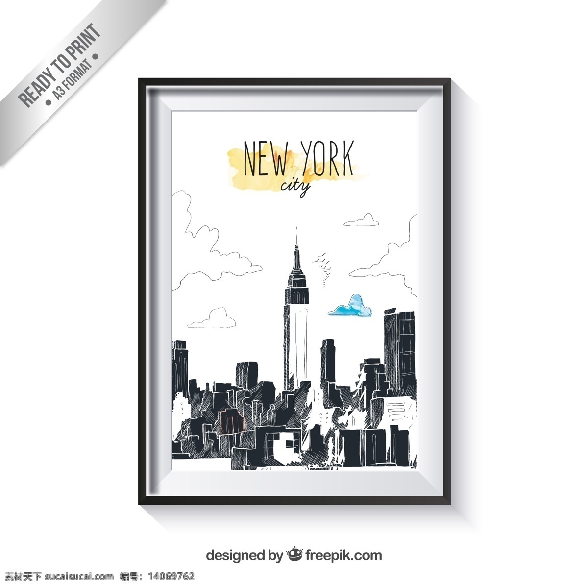 手绘纽约 手绘 纽约 城市建筑群 帝国大厦 美国 繁华城市 平面素材
