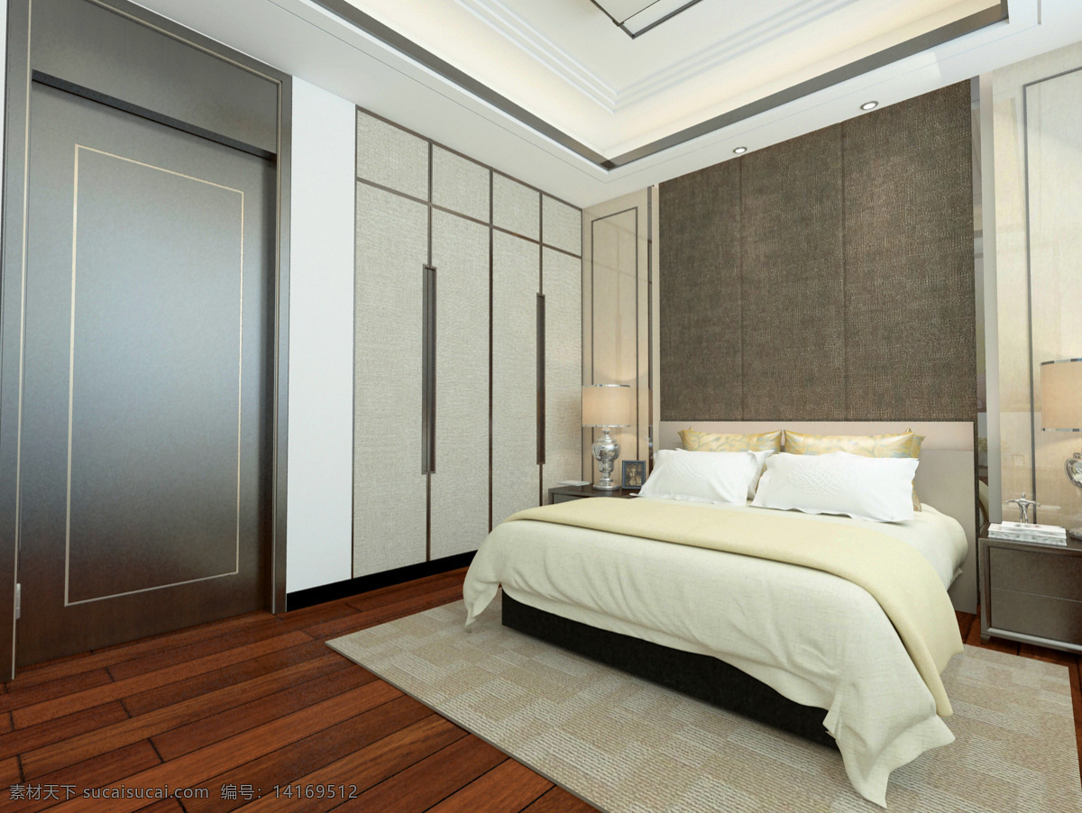 新 中式 卧室 空间 装饰 效果图 窗帘 地板 灯具 橱柜 背景墙 组合床
