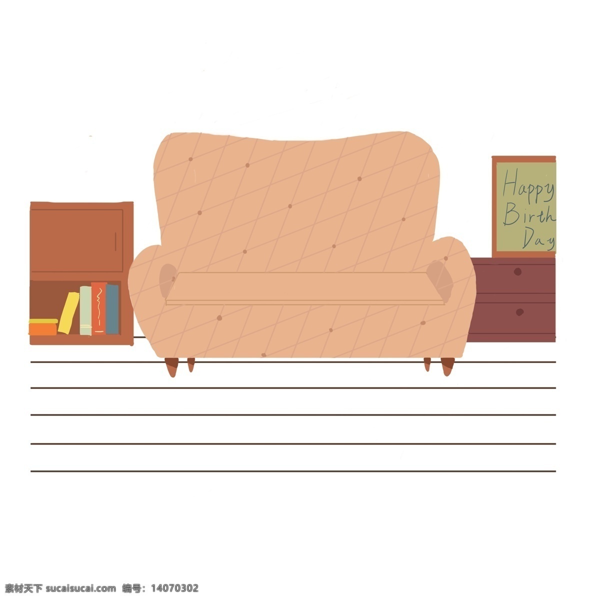 家具 沙发 柜子 组合 书柜 生日快乐牌子 抽屉 书本 书目 插画沙发 单人沙发 浅色沙发