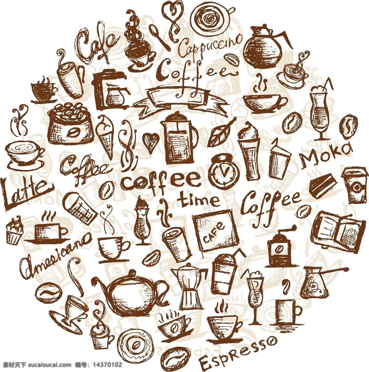 咖啡 茶水 美食 背景 饮料 手绘 圆形 素描 图标 矢量 餐饮美食 生活百科